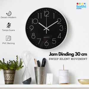 BATHI Jam Dinding Analog ABS 30cm Jarum Besar Quartz Sweep Silent Movement MS30