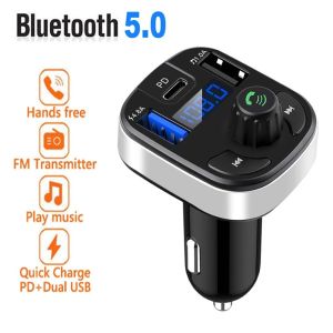 HLINKEY Bluetooth 5.0 Car Charger FM Transmitter Dual USB PD Type C Fast Charging Car FM Modulator Mobile Phone Charging