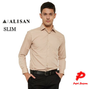 Pojok Busana Alisan Kemeja Lengan Panjang Polos Pria Slim Fit - Kemeja Cowok Formal Kerja Polos Hitam Putih Warna