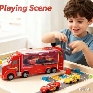 Kids Toy Handle Container Truck + 2 Pull-Back Race Cars  Toy Set For Boy Gift