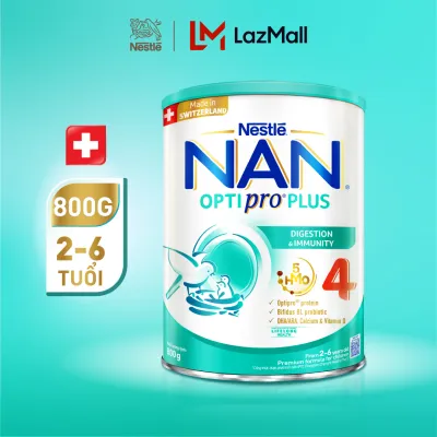 [CHỈ 25-29.08 QT ĐƠN 599K/999K/1299K] Sữa bột Nestlé NAN OPTIPRO PLUS 4 với 5HMO xuất xứ Thụy Sĩ - Hộp 800g cho bé từ 2 - 6 tuổi - Sữa công thức dinh dưỡng cho trẻ giúp hỗ trợ tiêu hóa đề kháng trí não và phát triển toàn diện