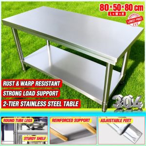 304 Stainless Steel Work Table Kitchen Prep Workbench Heavy Duty Rust Proof with Overshelf Storage Rack for Restaurant Commercial Home Use