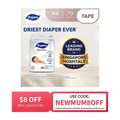Drypers SuperDry Premium Tape Baby Diaper NB 70s (Below 5KG)