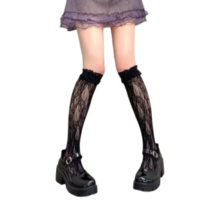 NEW！Lace Lolita Socks Floral Trim Knee High White