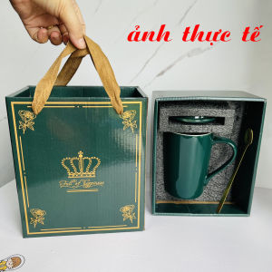 Ly sứ màu xanh 450ml cốc uống nước có nắp đậy phù hợp quà tặng decor ly sứ uống cafe ly sứ xanh có quai cầm nắp muỗng  uống nước Tramanhshop