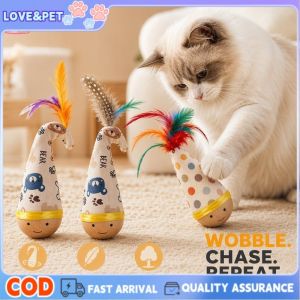 Wooden Cat Tumbler Toy Self Righting Interactive Feather Teaser Ball Scratch Resistant Indoor