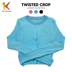 1K Atasan Wanita Twisted Crop Long Sleeves T-shirt Bahan Rajut P367 Baju Lengan Panjang Knit Crop Fashion Street