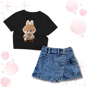 SETELAN ROK KARGO JEANS / ROK CELANA DAN KAOS LABUBU ANAK PEREMPUAN 1-10 TAHUN