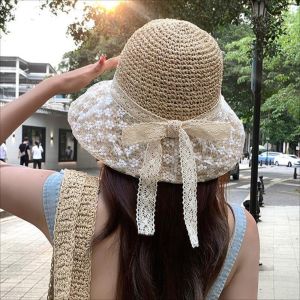 LIGHTER Lace Bow Straw Hat Crochet Ribbon Beach Fisherman Hat Breathable Weave Sunscreen Bucket Hat Women