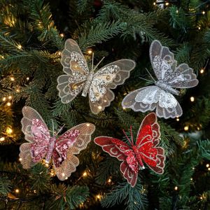 UNMEGONI แวววาว ของประดับผีเสื้อวิบวับคริสต์มาส ผีเสื้อจำลอง หลายสี ตกแต่งต้นคริสต์มาส ของตกแต่ง ชุด 3 ชิ้น ของตกแต่งงานปาร์ตี้คริสต์มาสที่บ้าน ของตกแต่งต้นไม้ตามฤดูกาล