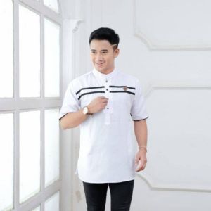 M L XL XXL XXXL BAJU KOKO KURTA LIST GARIS 2 DIDADA LENGAN PENDEK MUSLIM PRIA DEWASA BAHAN FULL KATUN
