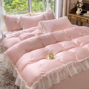 Bedding four-piece set 60S double-sided ice silk four-piece set washed silk bed sheet embroidery quilt cover light luxury high-end bedding four-piece set (bed sheet * 1 quilt cover * 1 pillowcase * 2)