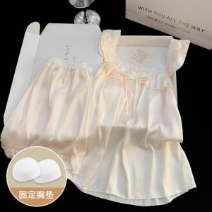 High End French Satin Nightie Womens Summer Sweet Ice Silk Lace Sleeveless Shorts Pyjamas with Padded Girls Breathable and Comfortable Nightwear Set