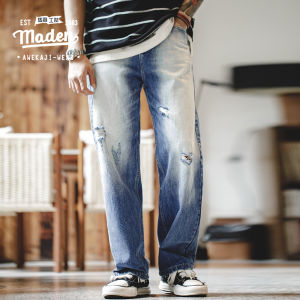 MADEN brand workwear style tough guy personality American casual distressed washed jeans denim damaged worn-out ground white retro straight leg pants