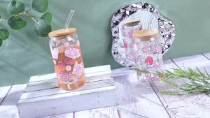 Bookish Glass Cup with Lid and Straw 16oz Coquette Bow Aesthetic Cup Pink Girly Tumbler Book Lovers Gifts for Women Girls Friend Sister Girlfriend