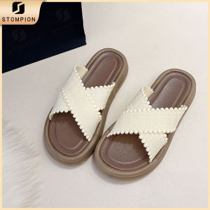STOMPION Flat Sandals For Women Korean Style Fashion Casual Cross-Strap Beach Slippers