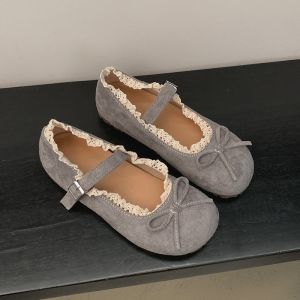 Womens Flat Shoes Blue Round Toe Lace Bow Strap Button Casual Flats