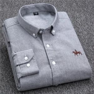 S-6XL Casual Pure Cotton Oxford Mens Shirts Long Sleeve Embroidery Horse Design Regular Fit Fashion Button Man White Dress Shirt2026