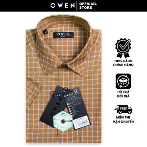 OWEN SALE - Áo Sơ Mi Owen Tay Ngắn Màu Nâu Gạch Họa Tiết Caro Form Body Fit Lai Ngang Chính Hãng