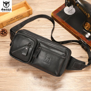 BULLCAPTAIN Head layer cowhide single shoulder diagonal cross phone waist bag for mens retro 8-inch earphone charging bag