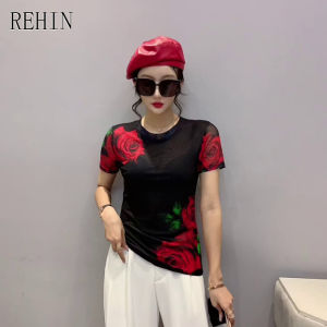 REHIN Womens top Summer fashion mesh floral print red flower short-sleeved T-shirt round collar S-3XL slim and thin elegant S-3XL blouse