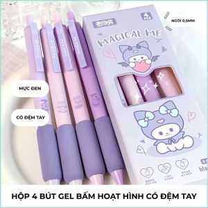 Colorlady - Set 4 Bút Gel Bấm Mực Đen Ngòi 0.5mm hoạt hình Dễ Thương Có Đệm Tay Silicon Êm Ái Cho Học Sinh