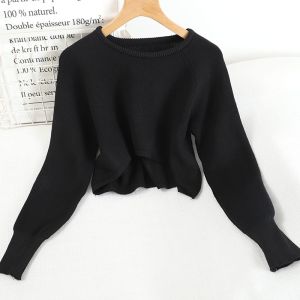 K.Store Crop sweater loose korean style Long Sleeve round Crew neck Top casual Highwaist for wome
