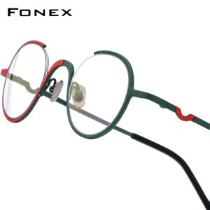 FONEX Titan nguyên chất Gọng kính phụ nữ thiết kế thương hiệu retro cổ điển kính tròn nhỏ cho nam nửa vành nửa vành kính mắt cho mắt 85810
