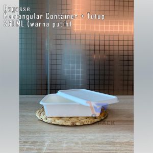 Bagasse Rectangular Container + Tutup 360ML White Putih - Kotak Takeway Kemasan Makanan Dessert