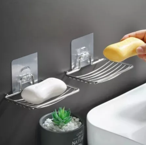Stainless Steel No Punching Soap Holder Bathroom Wall-Mounted Soap Dish Holder Self Adhesive Kitchen Spong Storage Rack