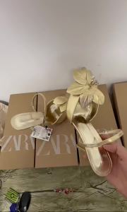 Spot Goods 2025 Summer New Womens Shoes with Metal Layer Effect Flower Pointed Toe Stiletto Heel Open Back Sandals Versatile