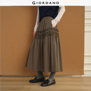 GIORDANO Women Skirts Retro Striped Ruffle Trims Midi Skirts Elastic Waist A-Line Fashionable Casual Long Skirts 18466208