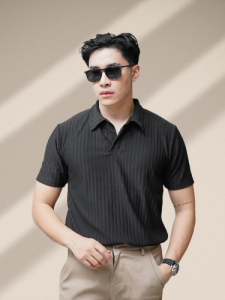Kaos Polo Casual Slimfit Pria Shirt Kerah Lengan Pendek Bahan Knit Motif Salur Semi Rajut