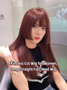 New Fashion Wine Red Long Straight Wig With Bangs And Hair Accessories For Women