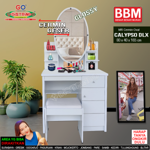 Meja Rias Putih Glosy Cermin Oval Geser + Kursi Ada Rak di belakang Cermin ada Laci & Lemari Kecil