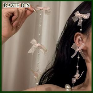 RAZIE BIN คลิปหนีบผมสไตล์โบราณโบว์พู่ยาวประดับมุก2ชิ้นคลิปด้านข้างริบบิ้นเจ้าหญิงนางฟ้าเครื่องประดับผมของขวัญ