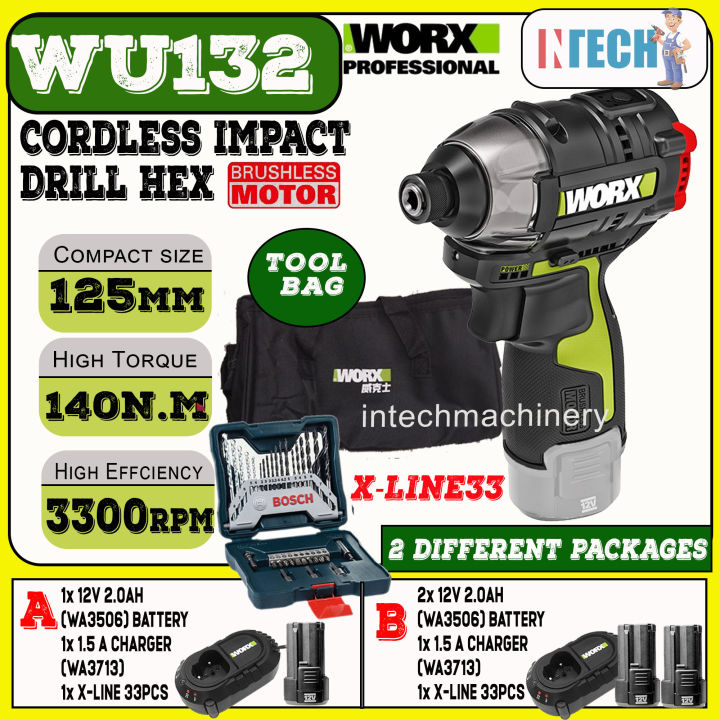 WORX WU132 CORDLESS IMPACT DRILL HEX MAX LITHIUM-ION 1/4 C/W BOSCH