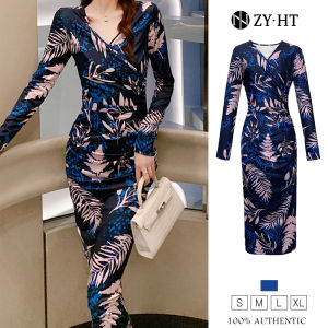 ZYHT eravogue đầm body nữ ôm body váy quấn kiểu pháp đầm thu đông đầm tay dài midi dáng dài Cổ chữ v đầm hoa 20181