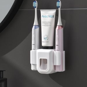 Electric toothbrush holder for couples automatic toothpaste dispenser wall-mounted no-drill required for bathroom use 82026