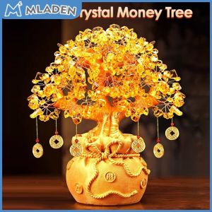 MLADEN Crystal Money Tree Lucky Tree Feng Shui Money Bag Tree Bonsai Wealth Home Decor Gold Tree