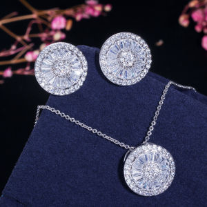 SEQUITO Trendy Women Silver Plated Full Paved White Shinning AAA Cubic Zirconia Crystal Round Stud Earrings and Necklace Sets Simple Girls Dailry Party Jewelry Set SJ277