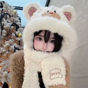 FLYING 3-in-1 Little Bear Hooded Scarf Windproof Keep Warm Gloves Scarf Hat Fluffy Winter Plush Scarf for Women