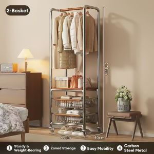 SPACEMADER Vintage Clothes Rack with Shoe Storage Garment Rack Wardrobe Organizer with Shelves and Baskets Heavy Duty Rolling Hanger Rack with Wheels