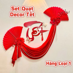 Set Trang Trí Tết 2025 Vải Nhung Đỏ Chữ Tết Kết Hợp Phụ Kiện Hoa Và Quạt