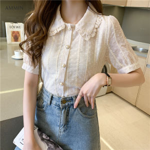 AMMIN Chiffon shirt fashion small shirt doll collar white girly short-sleeved foreign style pearl button cardigan crochet stitching top blouse
