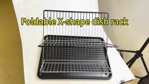 Dish Drying Rack Foldable X Shape Two Tier Carbon Steel with Tray Chopstick Holder Rak Pinggan