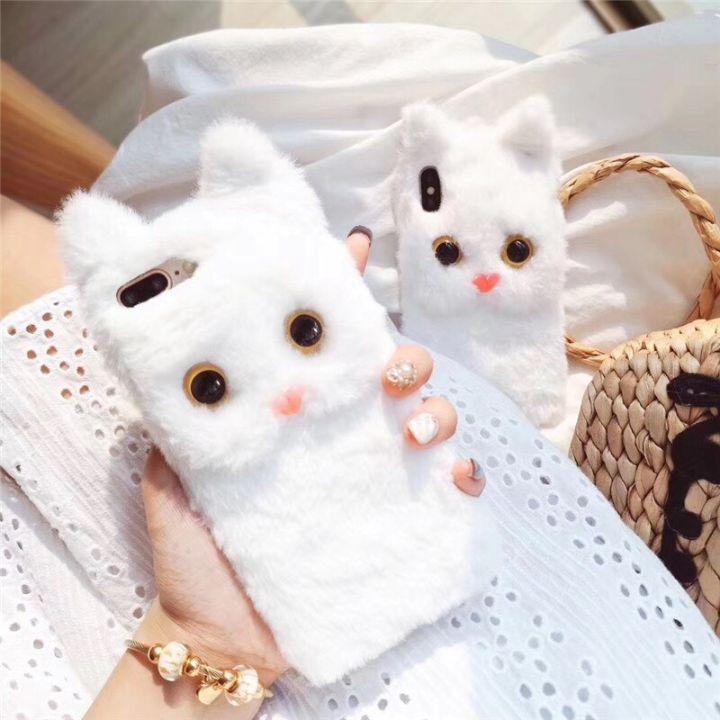 Luxury Plush White Cat Phone Case for iPhone 13 14 15 Pro Max 12