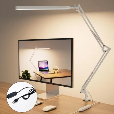 NUVOX LED Folding Desk Lamp Metal Swing Long Arm Lamp Eye-Caring Dimmable Table Lamp ledFlexible Arm Table Lamp led 3 Color Modes 10 Brightness Dimming Reading Light with USB PortMemory FunctionCilp