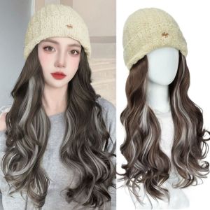 YOUTH HOME One-piece Beanies Hat with Hair Wigs Highlights Hairpiece Long Water Wavy Hair Hair Extensions Fluffy Ski Knitted Cap Wig Women