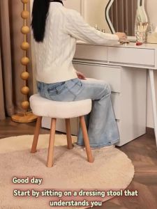 Solid Wood Vanity Stool Creamy Aesthetic Makeup Chair for Dressing Table Bedroom Stool Nordic Padded Chair